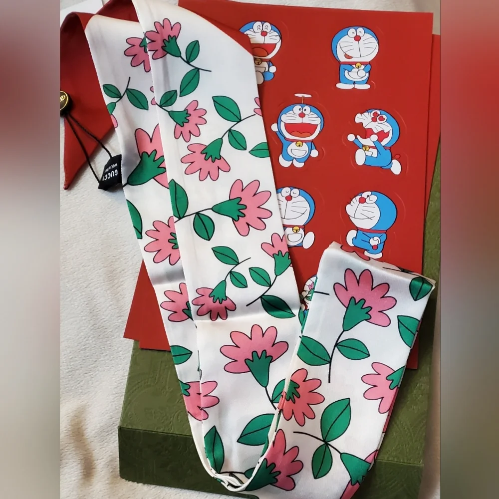 Doraemon Silk Skinny Twilly, Scarf And Sticker Set With Gift Envelope, Fashion